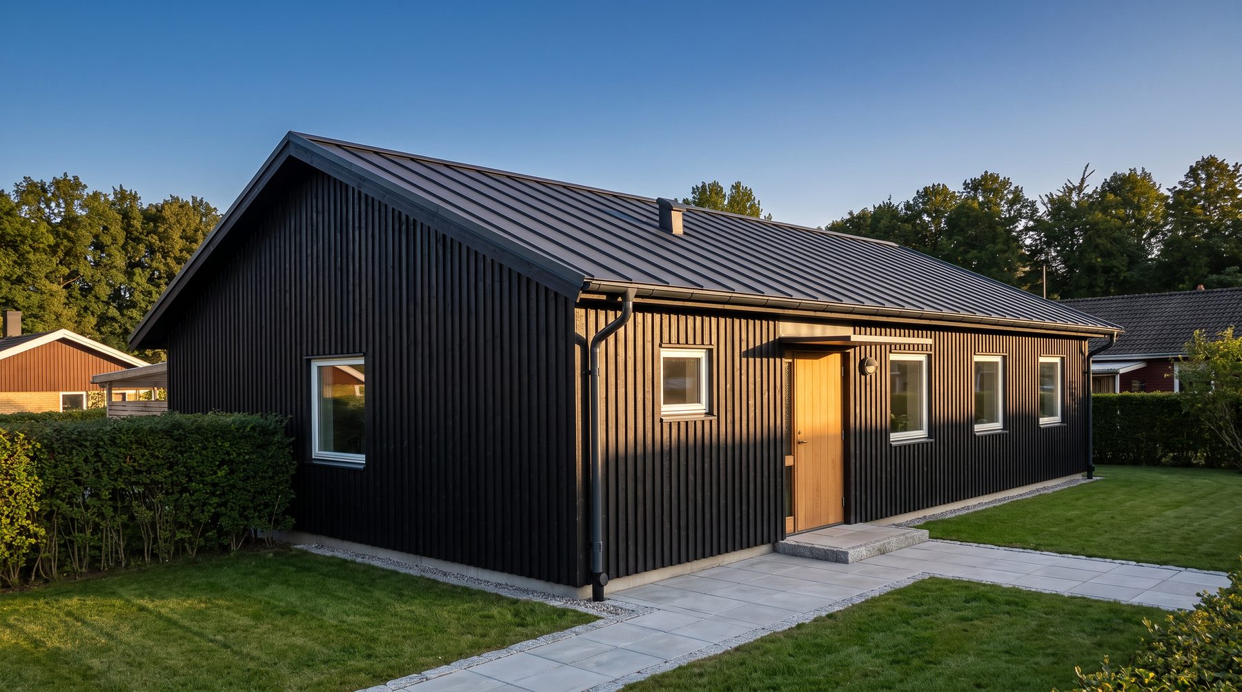 Samma villa med svart stående träpanel, nytt mörkt plåttak och ekdörr.