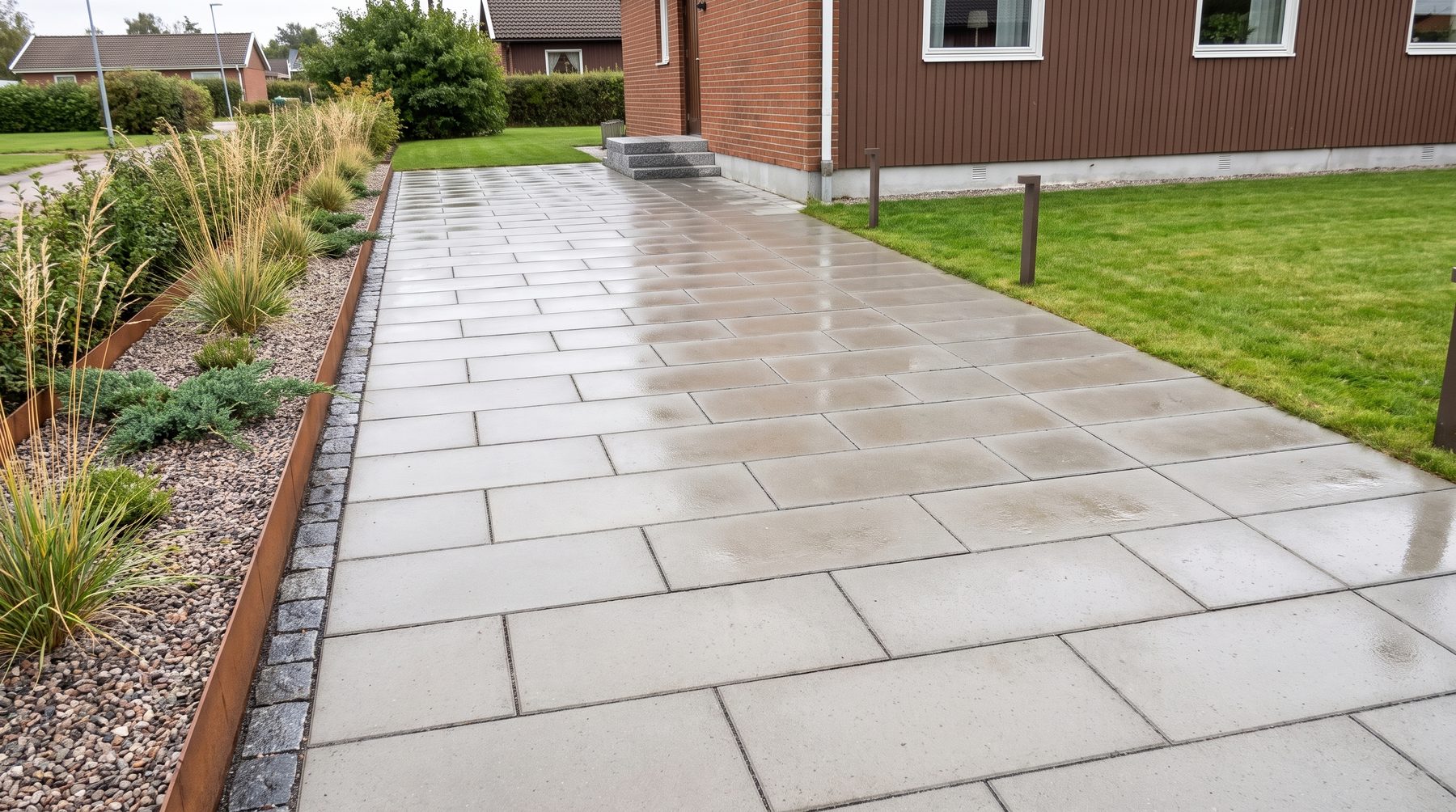 Samma infart med ljusgrå storformatsplattor, granitsatskant och planterad grusbädd.