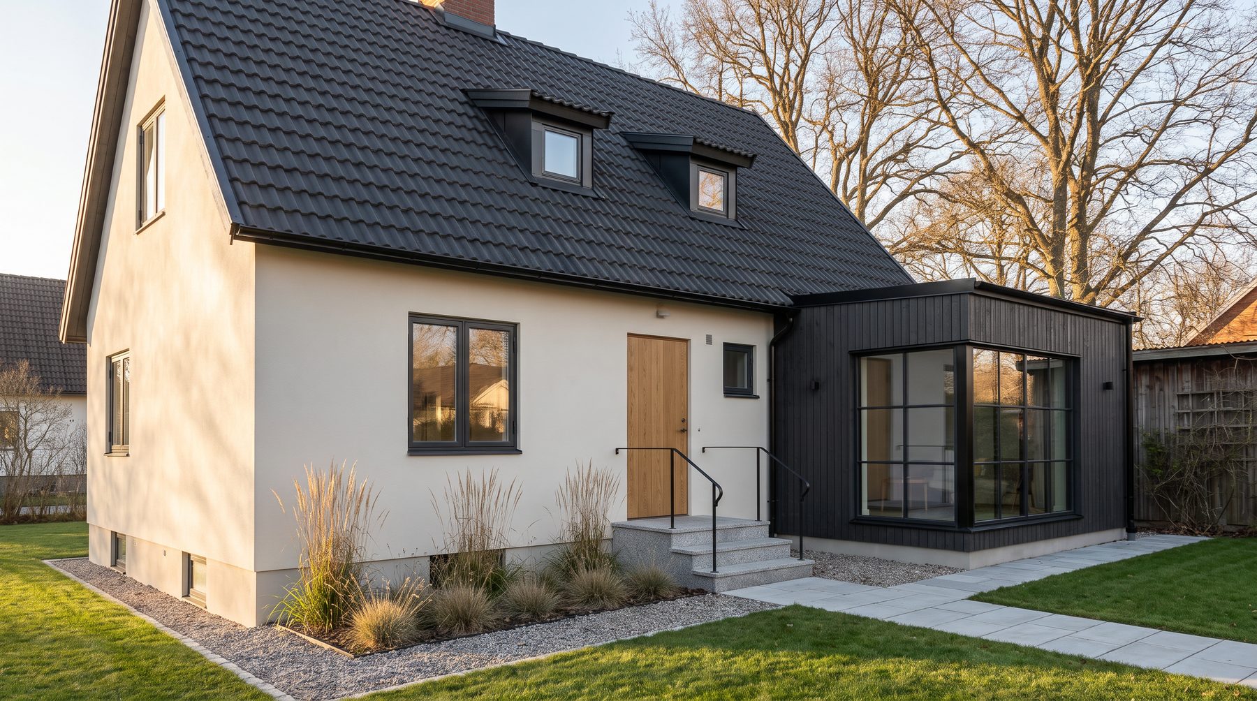 Samma villa ommålad i varmvitt med nytt tak och en tillbyggnad i mörk träpanel med stort hörnfönster.