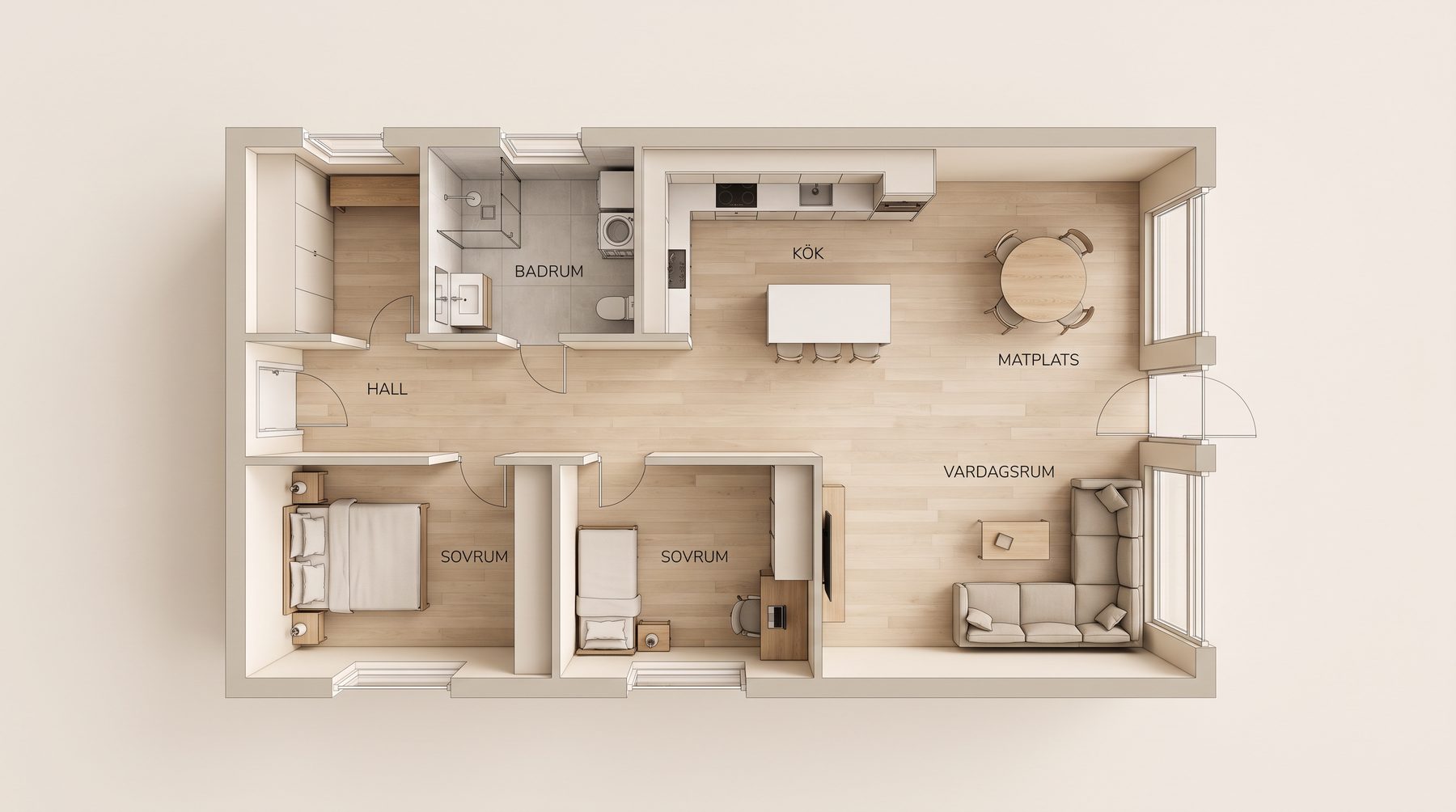 Planlösning uppifrån i 3D av ett kompakt hus med hall, kök, matplats, vardagsrum, två sovrum och badrum.