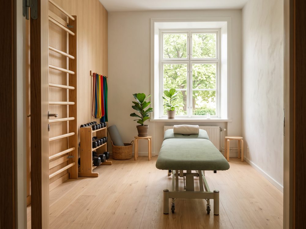 Fysioterapirum med behandlingsbänk och ribbstol