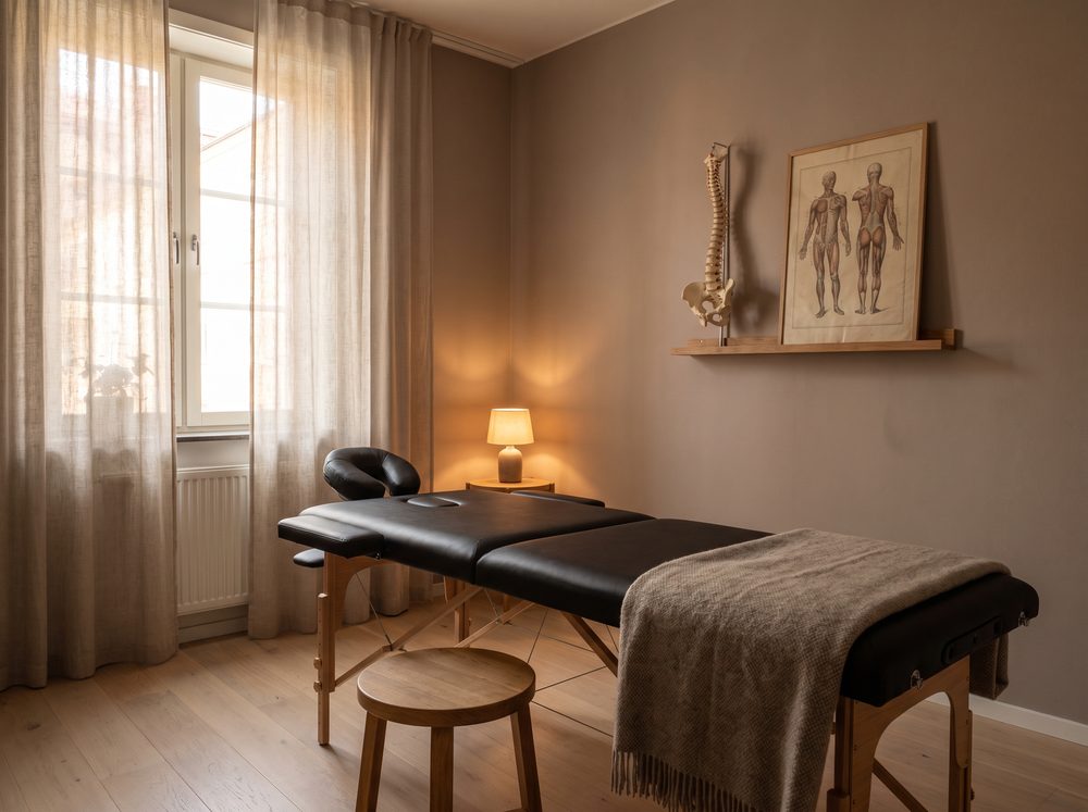 Naprapatrum med behandlingsbänk och anatomisk modell