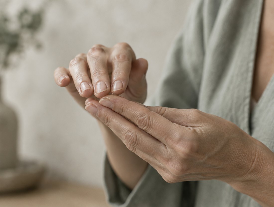 Händer som värmer en droppe serum mellan fingertopparna