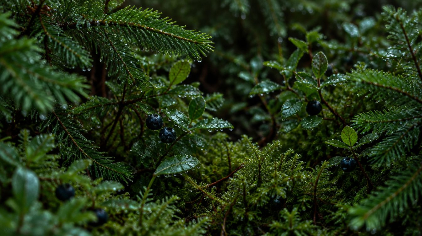 Våt granskog och blåbärsris efter regn