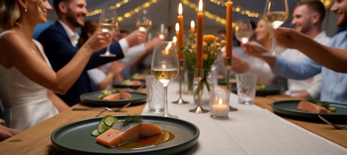 Gäster som skålar vid det dukade bordet