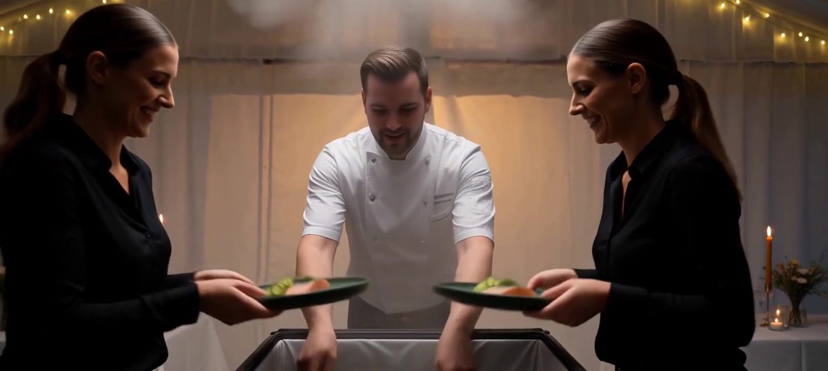 Serveringspersonal som tar upp tallrikar ur värmeboxen