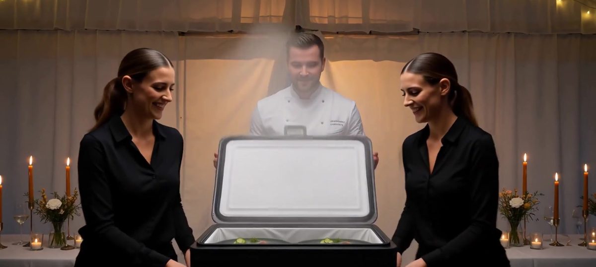 Serveringspersonal som tar emot maten i festtältet