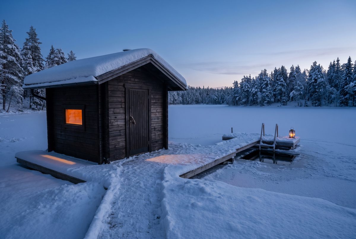 Bastun vid den frusna sjön i skymning