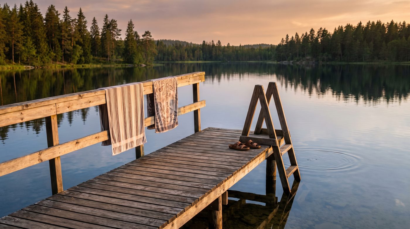 Bryggan vid sjön en sommarkväll