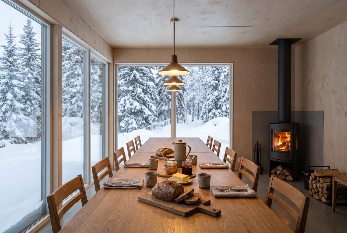Frukostrummet med snötyngd skog utanför fönstren